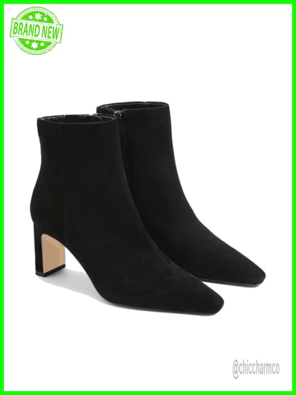 Women's Suede Ankle Boots Square Toe Chunky Block Heel Side Zip Booties